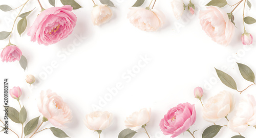 Elegant floral frame with pink and white roses.