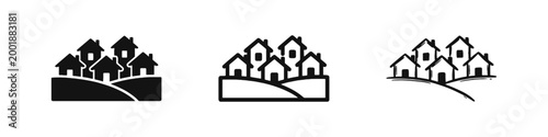 Houses on Hill Icons - Neighborhood, Suburban, Real Estate and Community Landscape