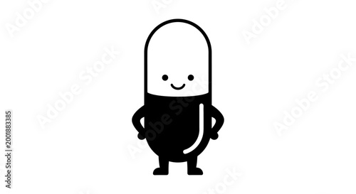 Cute black and white cartoon pill character with a smiling face and small arms and legs standing on a plain white background.