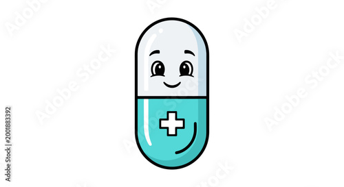 Cute cartoon medical capsule with a friendly face and a white cross symbol on a clean background.