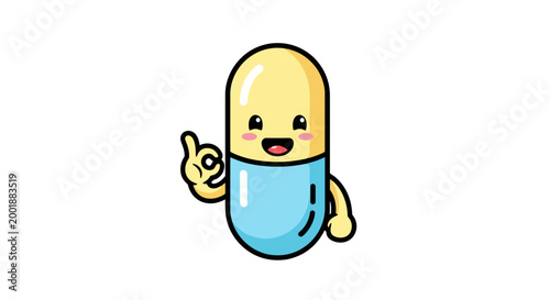 Cute cartoon medicine capsule character with a happy face giving an 'OK' gesture, symbolizing health and well-being.