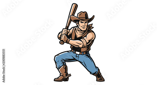 A cartoon cowboy character in a baseball batting stance, holding a bat, wearing a hat, vest, jeans, and boots.