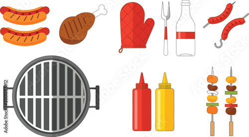 Flat Style Grilling and BBQ Tool Set with Hotdog, Chicken, Glove, Fork, Sauce Bottles, Kebab, and Grill Rack for Outdoor Cookout Designs.