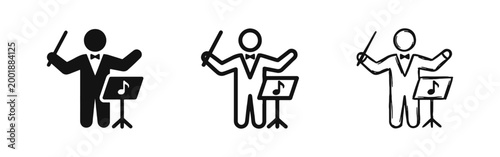 Orchestra conductor with baton and music stand icon set