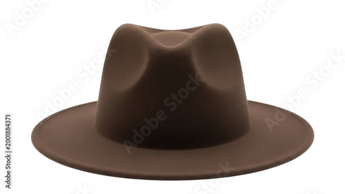 A brown felt fedora hat with a pinched crown and wide brim, isolated against a solid black background, studio lighting