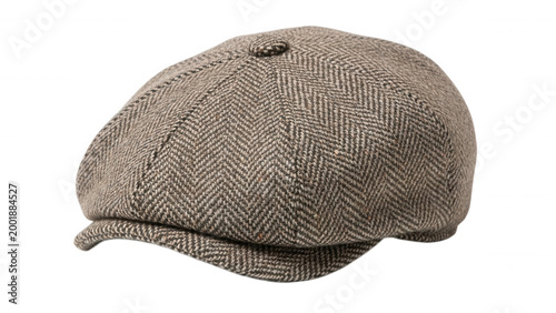 A brown herringbone tweed flat cap, also known as a newsboy or baker boy hat, isolated against a solid black background