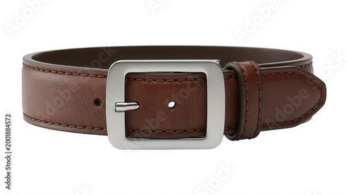 A brown leather belt with a rectangular silver metal buckle, isolated on a solid black background, showing detailed stitching and texture