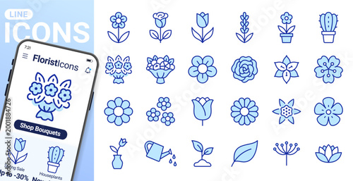 Flower, gardening line icon set. Rose, tulip, fruit bouquet, spring blossom, cactus, lavender, watering can, sprout. Simple outline signs for florist delivery. Blue duotone color, Editable Stroke.