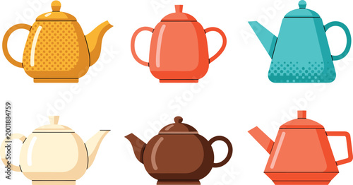 Modern Teapot Collection Featuring Stylish Kettles with Different Shapes, Colors, and Textures in Flat Design Style for Kitchen, Cafe, and Beverage Illustration Projects.