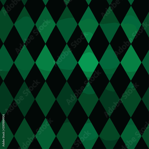 Repeating geometric diamond pattern featuring dark green and black colors creating a textured graphic backdrop. Dark green and black harlequin pattern background