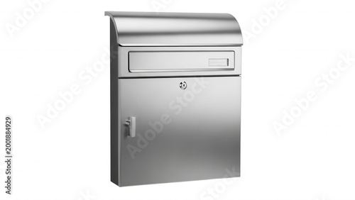 A brushed stainless steel wall-mounted mailbox with a mail slot, a secure locking mechanism, and a side latch, isolated on black