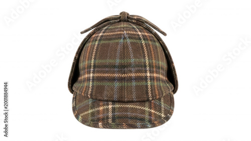 A brown wool deerstalker hat with a classic plaid tartan pattern, featuring double visors and side ear flaps isolated on a black background