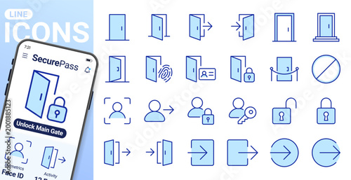 Open door line icon set. Login, logout, register, password, face recognition, key lock, exit minimal vector illustrations. Simple outline signs for access control. Blue duotone color, Editable Stroke.