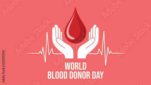 World blood donor day illustration with hands holding red blood drop and heartbeat line healthcare awareness design for donation banner poster