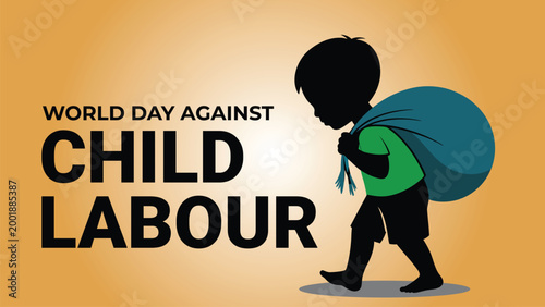 World day against child labour illustration of working child carrying heavy load awareness concept for social justice campaign banner poster protection