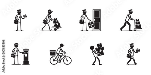 Postman and Delivery Service Man Character Icons, Courier Person Silhouette Set Delivering Packages and Letters, Shipping and Logistics Vector Concept