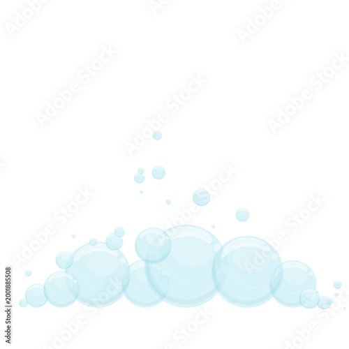 Semitransparent Blue bubbles lying on surface. Bath foam with floating bubbles. Vector design element for cleaning service, soap, shampoo labels, package, grooming, spa, bathhouse