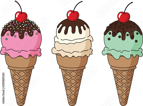 Colorful Ice Cream Cone Set with Chocolate Topping, Cherry Garnish and Different Flavors for Summer Dessert Vector Illustration Design