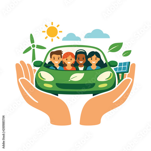 Hands protecting carpool with green energy elements
