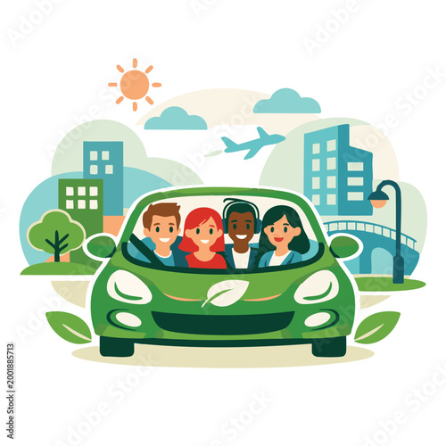 Diverse friends carpooling in green car through city