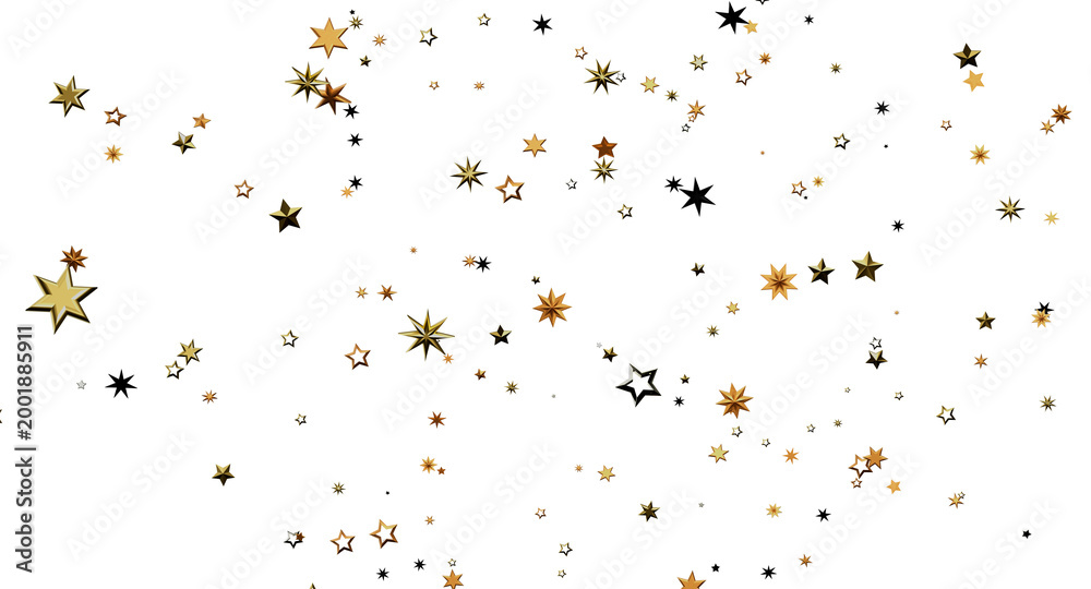 Obraz premium Elegant gold and black star confetti falling against a white backdrop. Perfect for holiday themes, celebrations, and fes