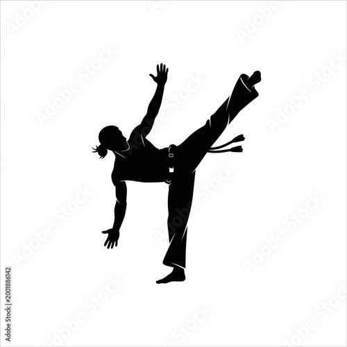 Silhouette of a person performing a capoeira kick in mid-air.