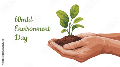 World environment day illustration with human hands holding plant and soil eco friendly concept for nature conservation awareness banner poster greeting