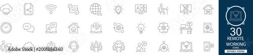 Remote working line icon set with 30 icons remote work, home office, laptop, video call, freelance, digital nomad, communication. Clean linear vector, editable stroke for web projects.