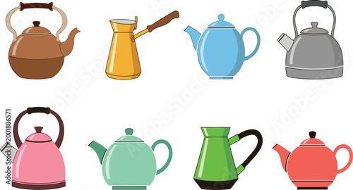 Teapot and Coffee Pot Collection Featuring Classic Kettles, Turkish Coffee Maker, and Modern Beverage Pots in Colorful Flat Design Style for Kitchen Illustration.