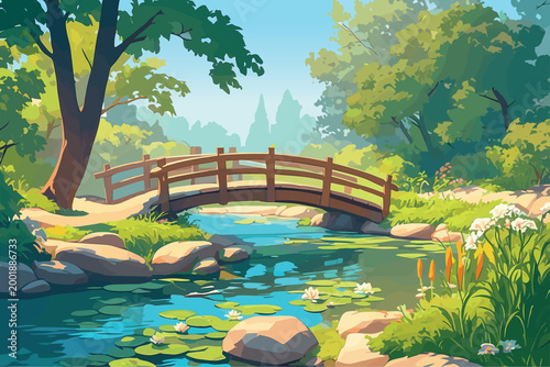 Cartoon forest with a path and a bridge over a stream, trees, fir trees, forest, reeds, day, sun, sky, morning, summer, flowers, water lilies, stones, vector illustration