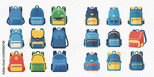 Collection of colorful school backpacks and travel bags, set of various rucksacks for education and outdoor adventures.