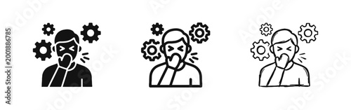 Person coughing with gears mental health stress icon set