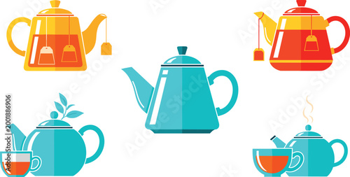 Teapot and Tea Set Collection Featuring Modern Kettles, Cups, and Hot Beverage Elements in Flat Colorful Design Style for Cafe, Kitchen, and Drink Illustrations.