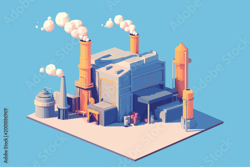 Cartoon isometric low polygon factory, resources, smoking chimneys, processing, production equipment, building, architecture, complex, work, vector illustration