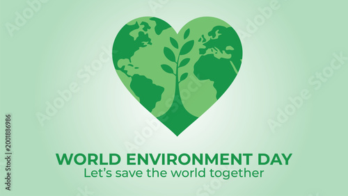 World environment day green heart shaped earth with tree illustration and eco friendly typography slogan design for nature conservation awareness banner