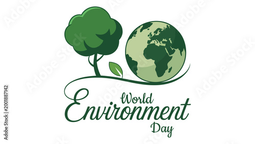 World environment day illustration with green tree and earth globe eco friendly typography design for nature conservation awareness banner poster greeting