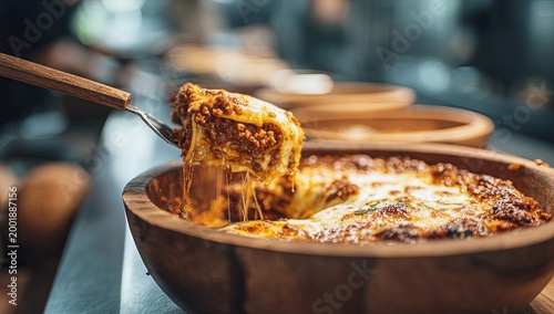 Delicious Lasagna Dish Served in Rustic Wooden Bowl.