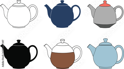 Teapot Icon Variations Featuring Outline, Silhouette, and Colored Styles with Classic Kettle Shapes in Minimal Flat Design for Kitchen and Beverage Illustration.