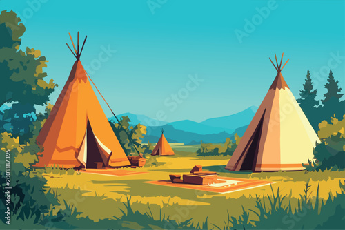 Indian tents in a clearing in the forest, mountains in the background, clear sunny day, nature, America, traditional, beautiful, carpet, vector illustration