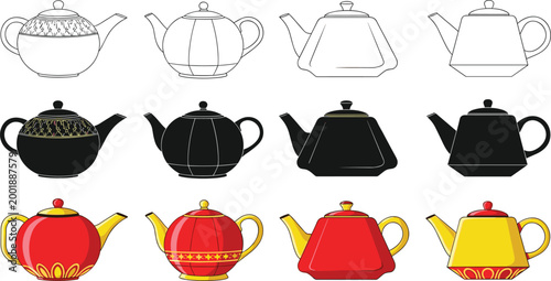 Teapot Icon Set Featuring Outline, Silhouette, and Colored Styles with Traditional and Modern Kettles in Flat Design for Kitchen, Cafe, and Beverage Illustration.
