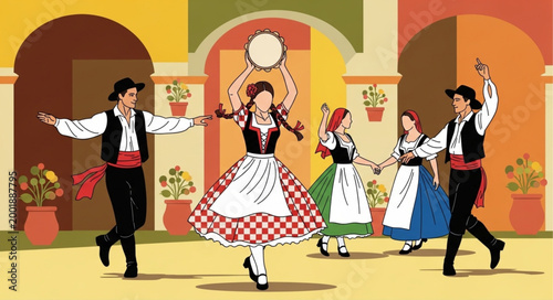 Traditional Folk Dance Performance with Multiple Dancers in Cultural Attire.