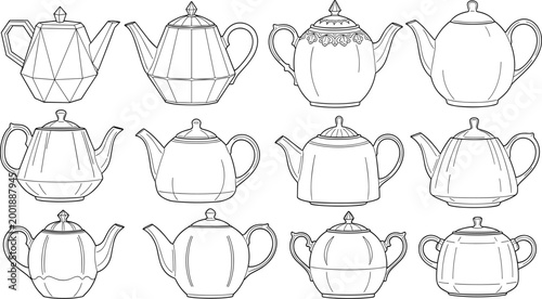 Teapot Outline Collection Featuring Vintage and Modern Kettle Designs in Clean Line Art Style for Kitchen, Cafe, Beverage, and Product Illustration Projects.