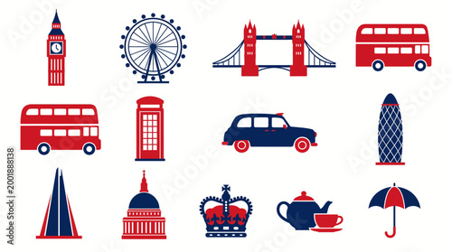A charming flat vector collection showcasing iconic British landmarks and vibrant London city symbols, ideal for travel destination concepts, cultural themes, and tourism designs