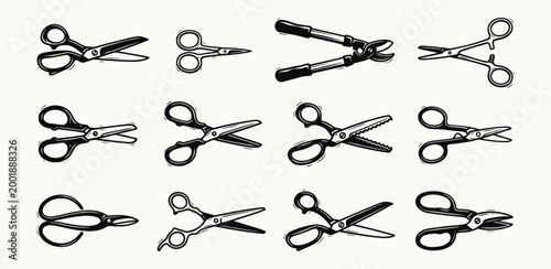 Black and white hand drawn scissors collection for sewing and craft projects