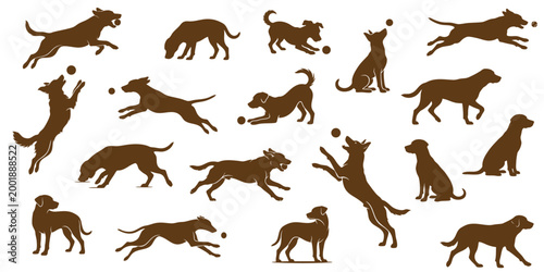 Dog Play and Agility Silhouette Set, Running, Jumping, and Fetching Ball Canine Vector Graphics for Training, Kennel, and Pet Care Branding