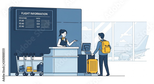Traveler with Suitcase at Airport Check-in Counter.