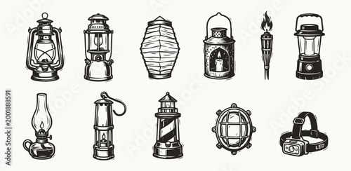 Vintage portable lanterns and modern outdoor lighting sources in hand drawn style