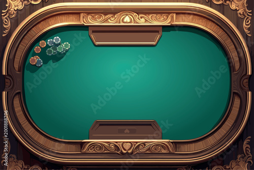 Top view of wooden vintage cartoon poker table with casino chips, gambling, ornate, wood carving, furniture, popular card game, vector illustration