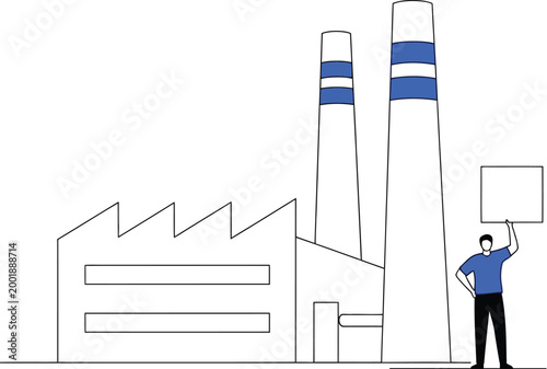 factory building with industrial chimneys and worker holding sign