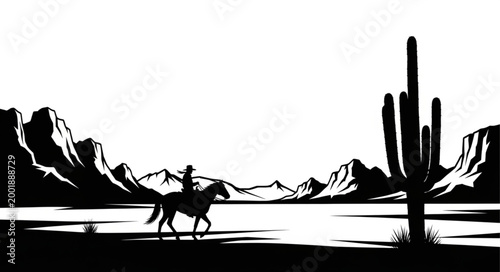 Silhouette of Cowboy Riding Horse in Desert Landscape.